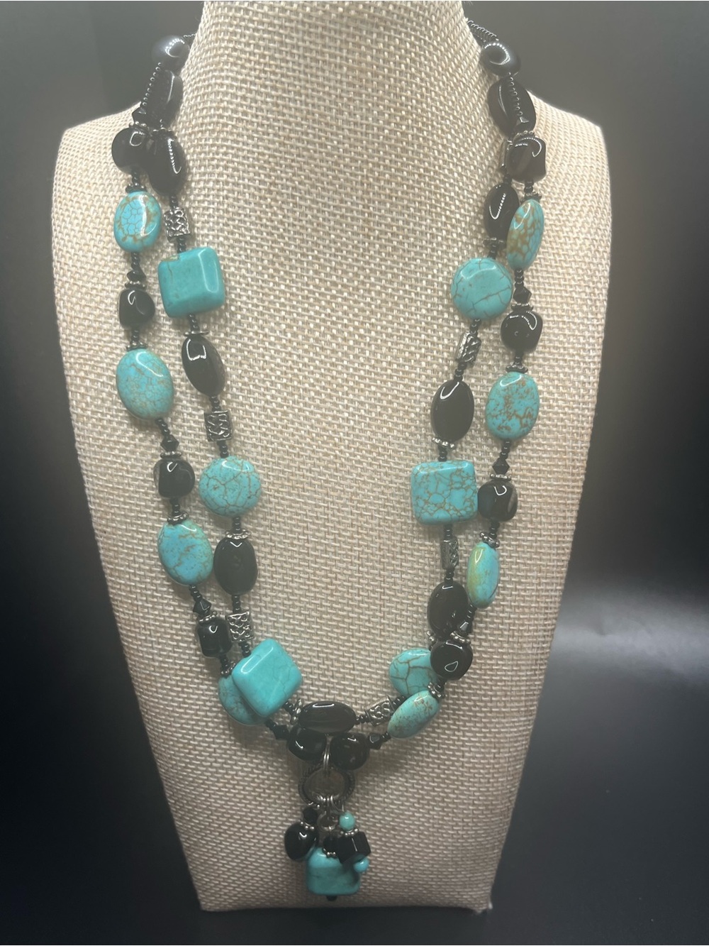 Vintage Double Strand Genuine Stone Necklace Turquoise Colored Stone Black stone